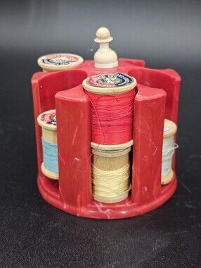 Vintage Red Marble Thread Spool Carousel with Wooden Spools